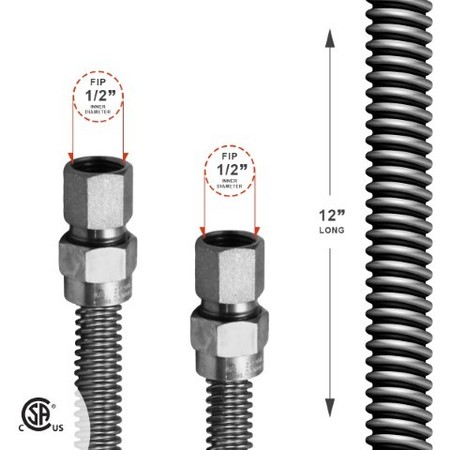 Flextron Gas Line Hose 1/2'' O.D. x 12'' Length with 1/2" FIP Fittings, Stainless Steel Flexible Connector FTGC-SS38-12B